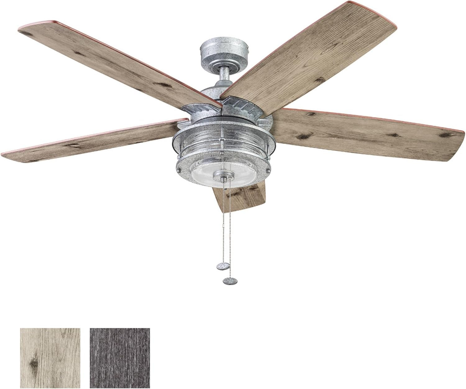 Ceiling Fans Foxhaven Farmhouse 52 Inch Ceiling Fan with Light, Outdoor Fan/Indoor Dual-Mount LED Ceiling Fan, 5 Blades, Ebony and Silver Oak Blade Finish Options, Galvanized (51631-01)