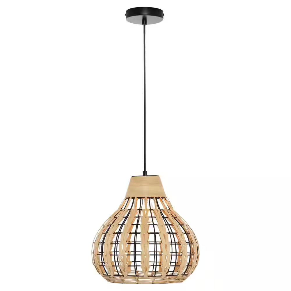 Everett 13 In. 1-Light Black Pendant with Natural Rattan Metal Shade