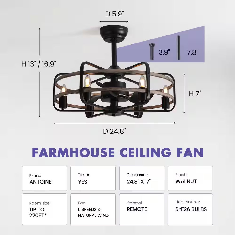 25 In. Black Farmhouse Ceiling Fan Caged Ceiling Fan Indoor with Lights and Remote Wood Grain Industrial Ceiling Fan