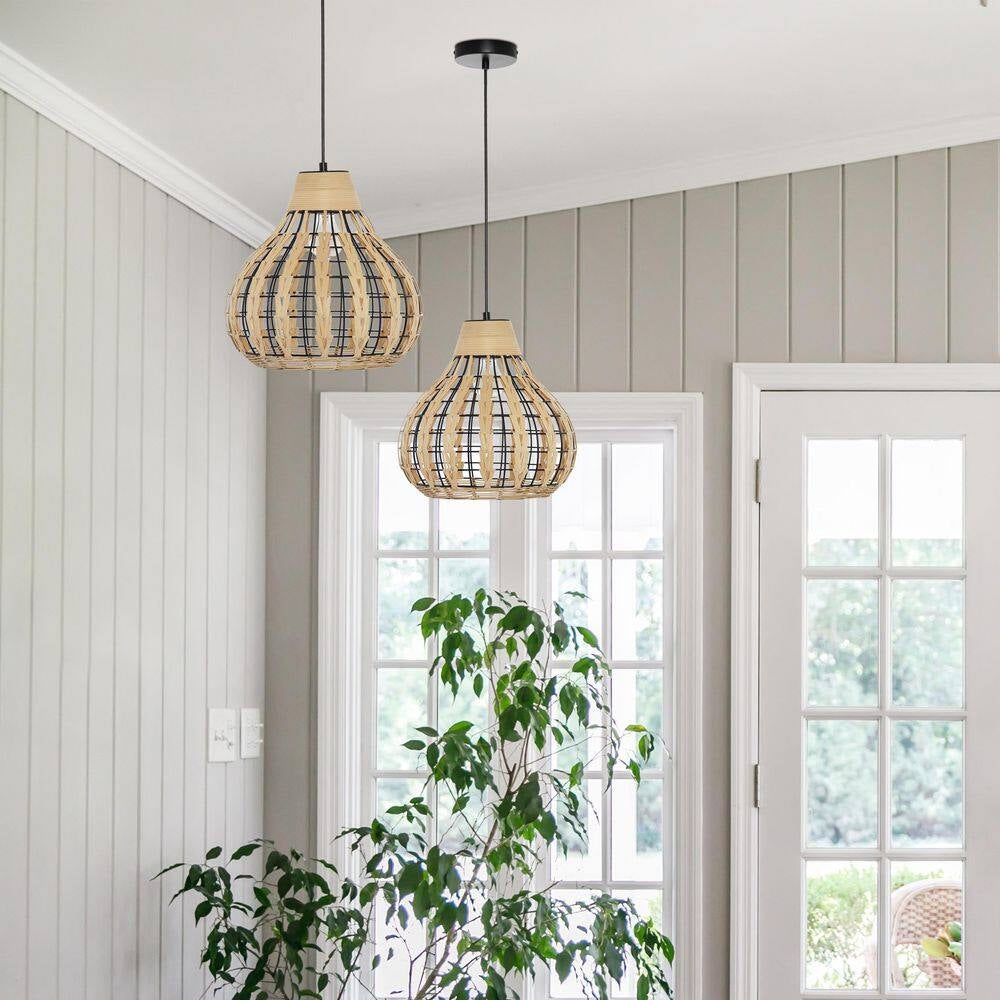 Everett 13 In. 1-Light Black Pendant with Natural Rattan Metal Shade