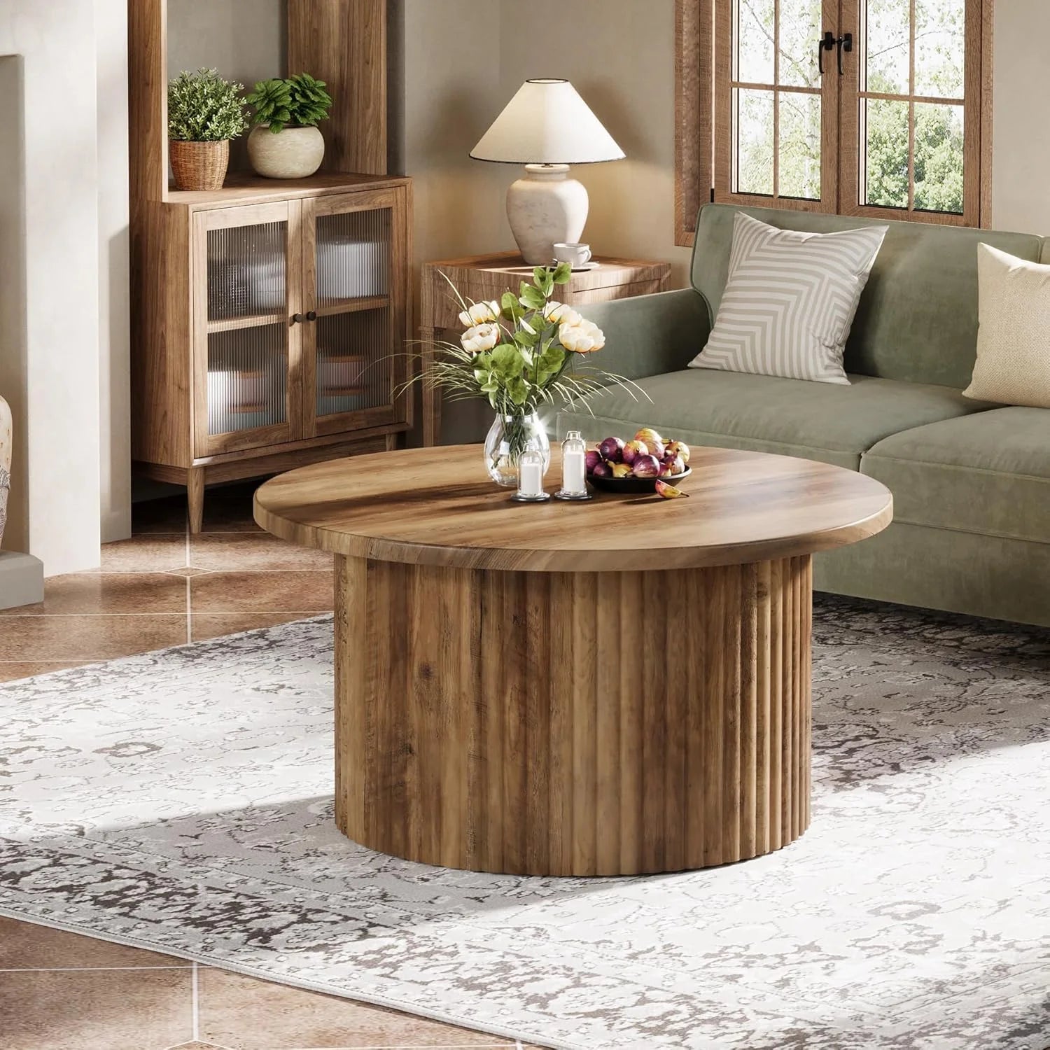31.5" round Coffee Table, Farmhouse Circle Coffee Table with Metal Base