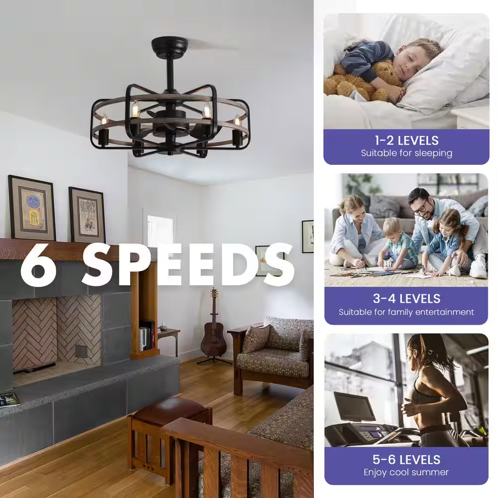 25 In. Black Farmhouse Ceiling Fan Caged Ceiling Fan Indoor with Lights and Remote Wood Grain Industrial Ceiling Fan