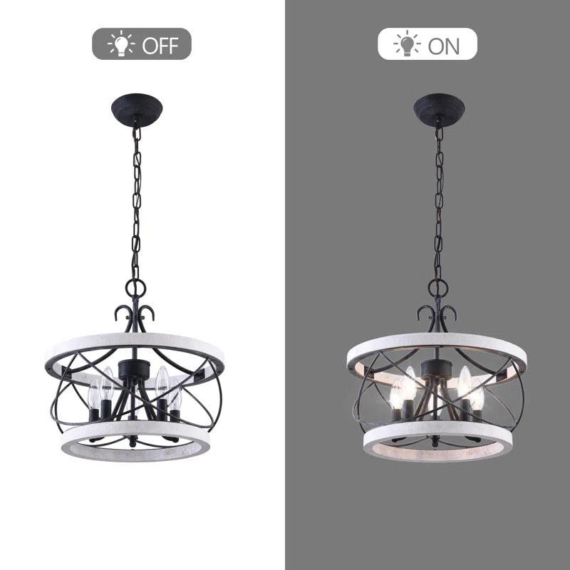  Light Drum Solid Wood Caged Chandelier with Metal Accents