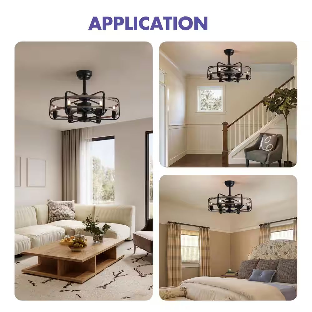 25 In. Black Farmhouse Ceiling Fan Caged Ceiling Fan Indoor with Lights and Remote Wood Grain Industrial Ceiling Fan