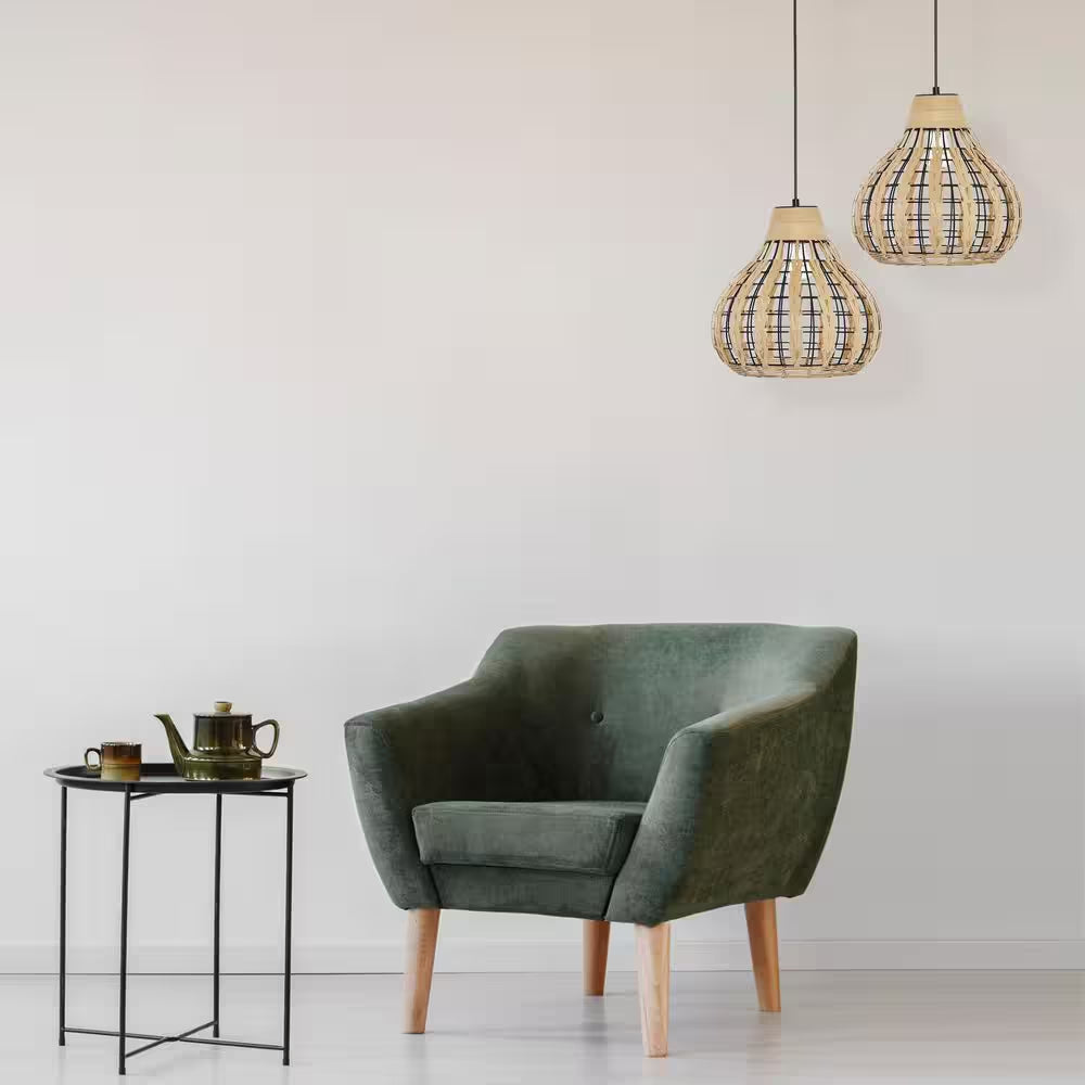 Everett 13 In. 1-Light Black Pendant with Natural Rattan Metal Shade