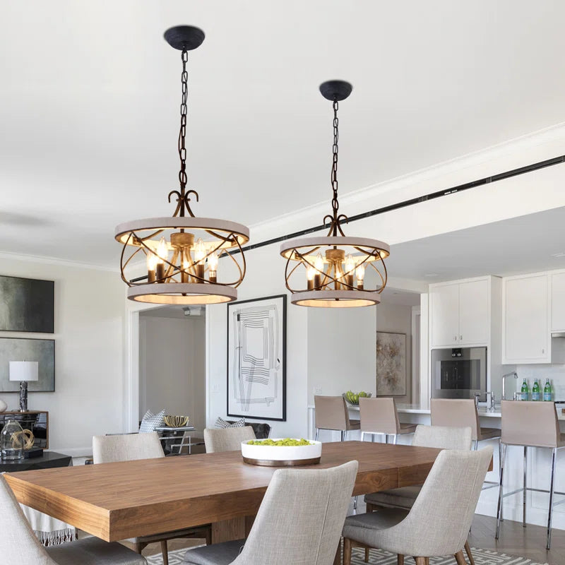  Light Drum Solid Wood Caged Chandelier with Metal Accents