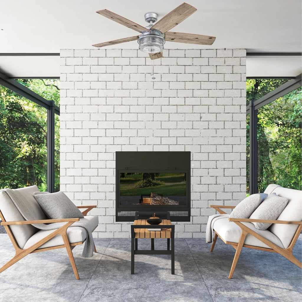 Ceiling Fans Foxhaven Farmhouse 52 Inch Ceiling Fan with Light, Outdoor Fan/Indoor Dual-Mount LED Ceiling Fan, 5 Blades, Ebony and Silver Oak Blade Finish Options, Galvanized (51631-01)