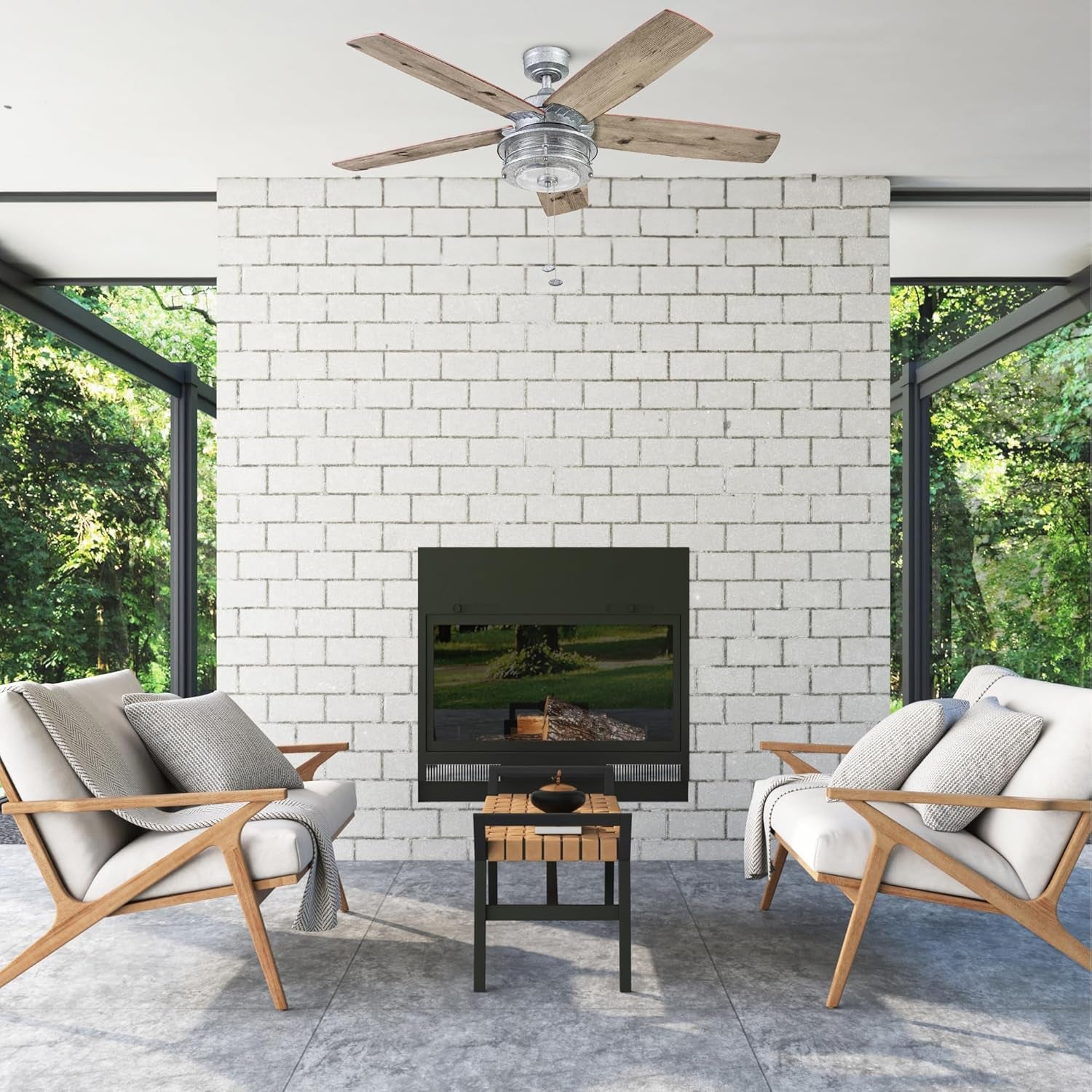 Ceiling Fans Foxhaven Farmhouse 52 Inch Ceiling Fan with Light, Outdoor Fan/Indoor Dual-Mount LED Ceiling Fan, 5 Blades, Ebony and Silver Oak Blade Finish Options, Galvanized (51631-01)