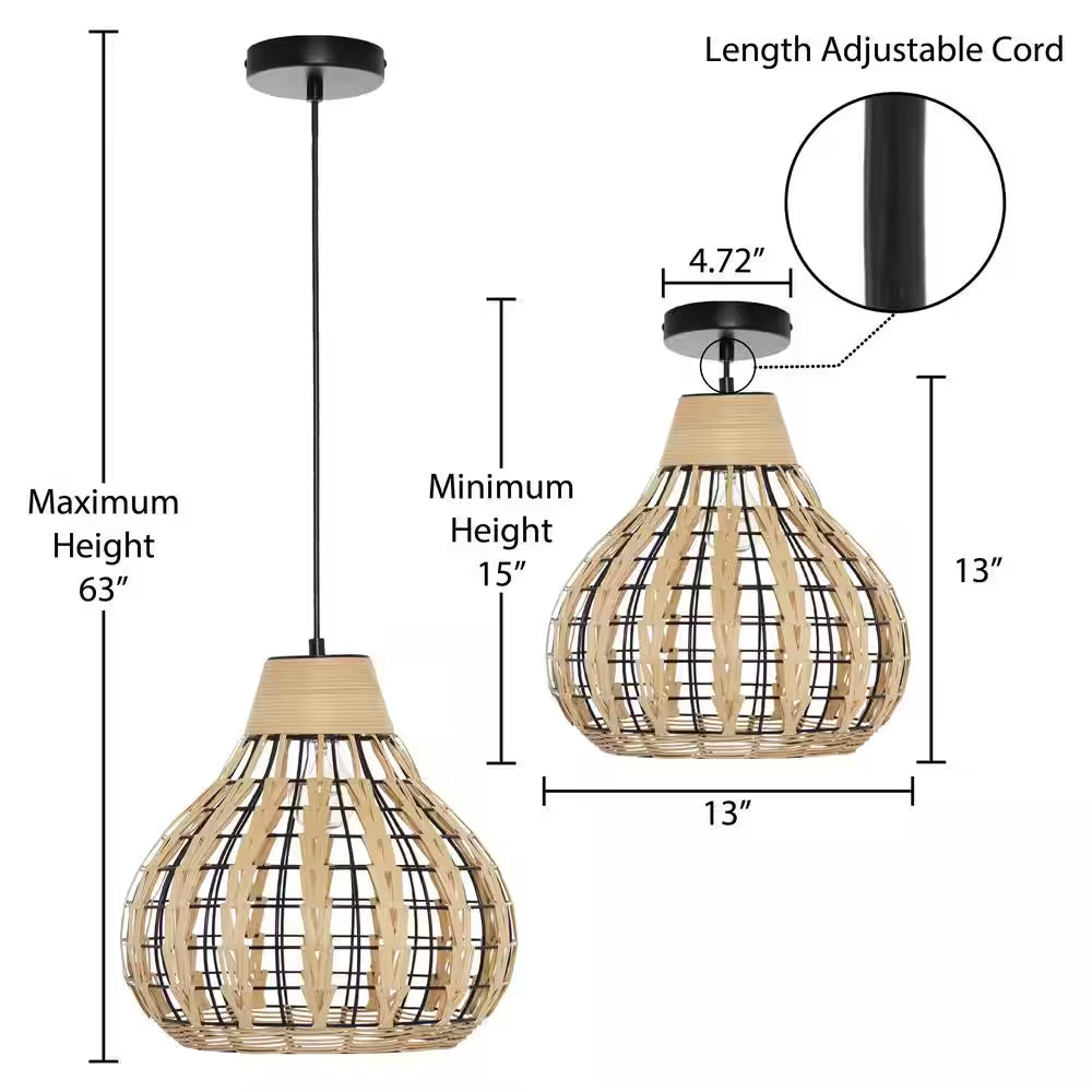 Everett 13 In. 1-Light Black Pendant with Natural Rattan Metal Shade