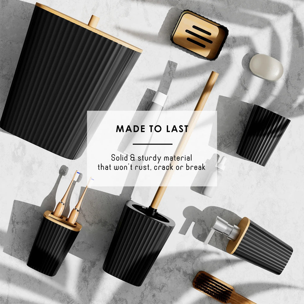 Virtu 6 Piece Bamboo Bathroom Sets, Black Bathroom Accessories Set for Minimalistic Bathroom Décor