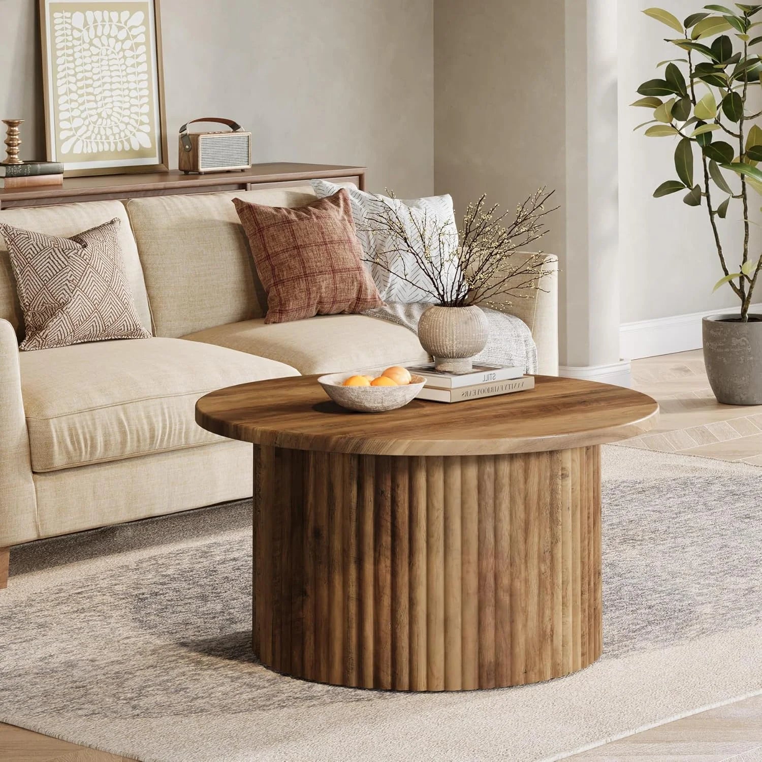 31.5" round Coffee Table, Farmhouse Circle Coffee Table with Metal Base