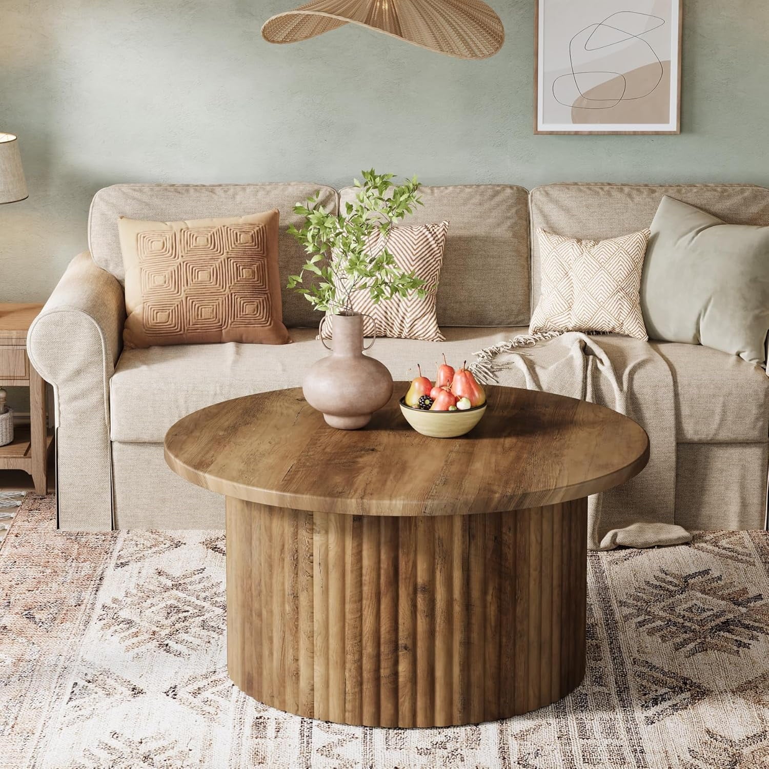 31.5" round Coffee Table, Farmhouse Circle Coffee Table with Metal Base