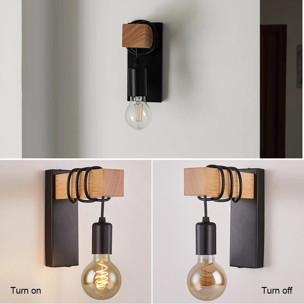 Vintage Industrial Iron & Wood Wall Lamp