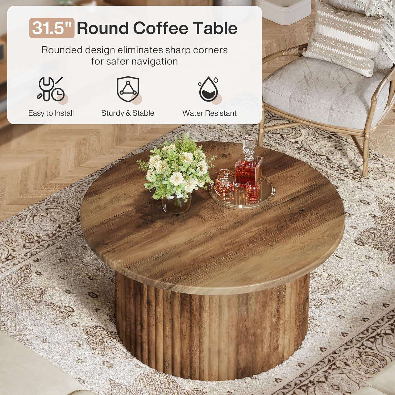 31.5" round Coffee Table, Farmhouse Circle Coffee Table with Metal Base