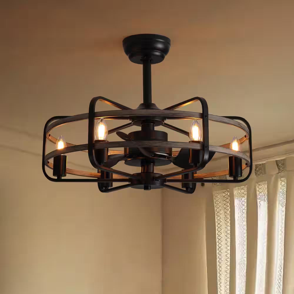 25 In. Black Farmhouse Ceiling Fan Caged Ceiling Fan Indoor with Lights and Remote Wood Grain Industrial Ceiling Fan