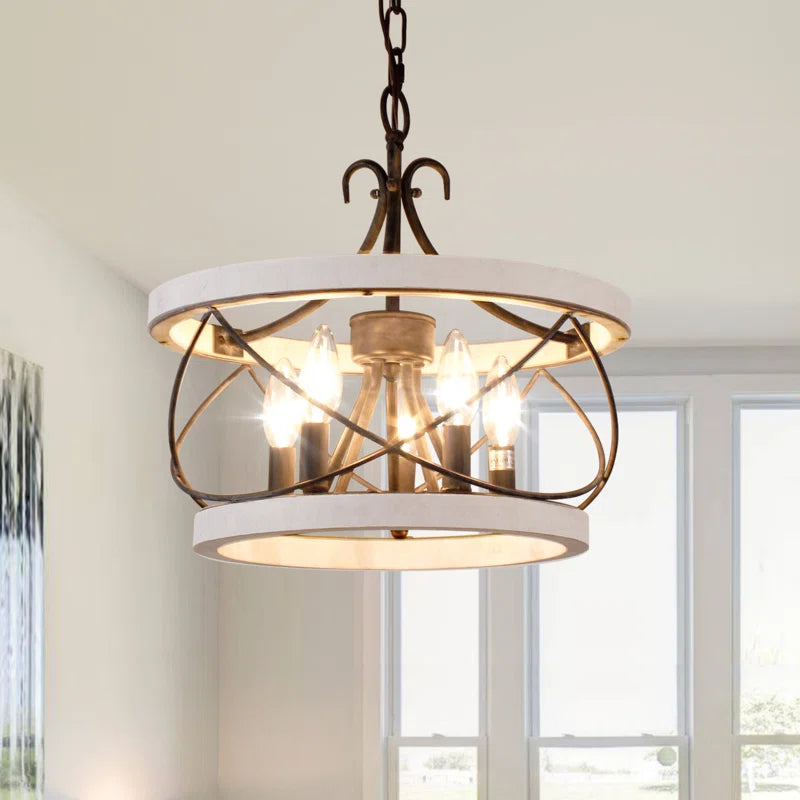  Light Drum Solid Wood Caged Chandelier with Metal Accents