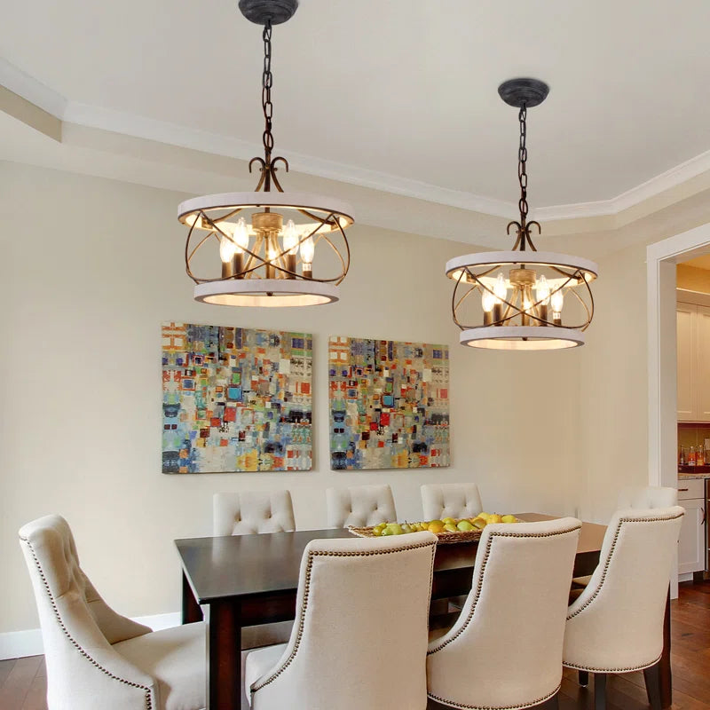  Light Drum Solid Wood Caged Chandelier with Metal Accents