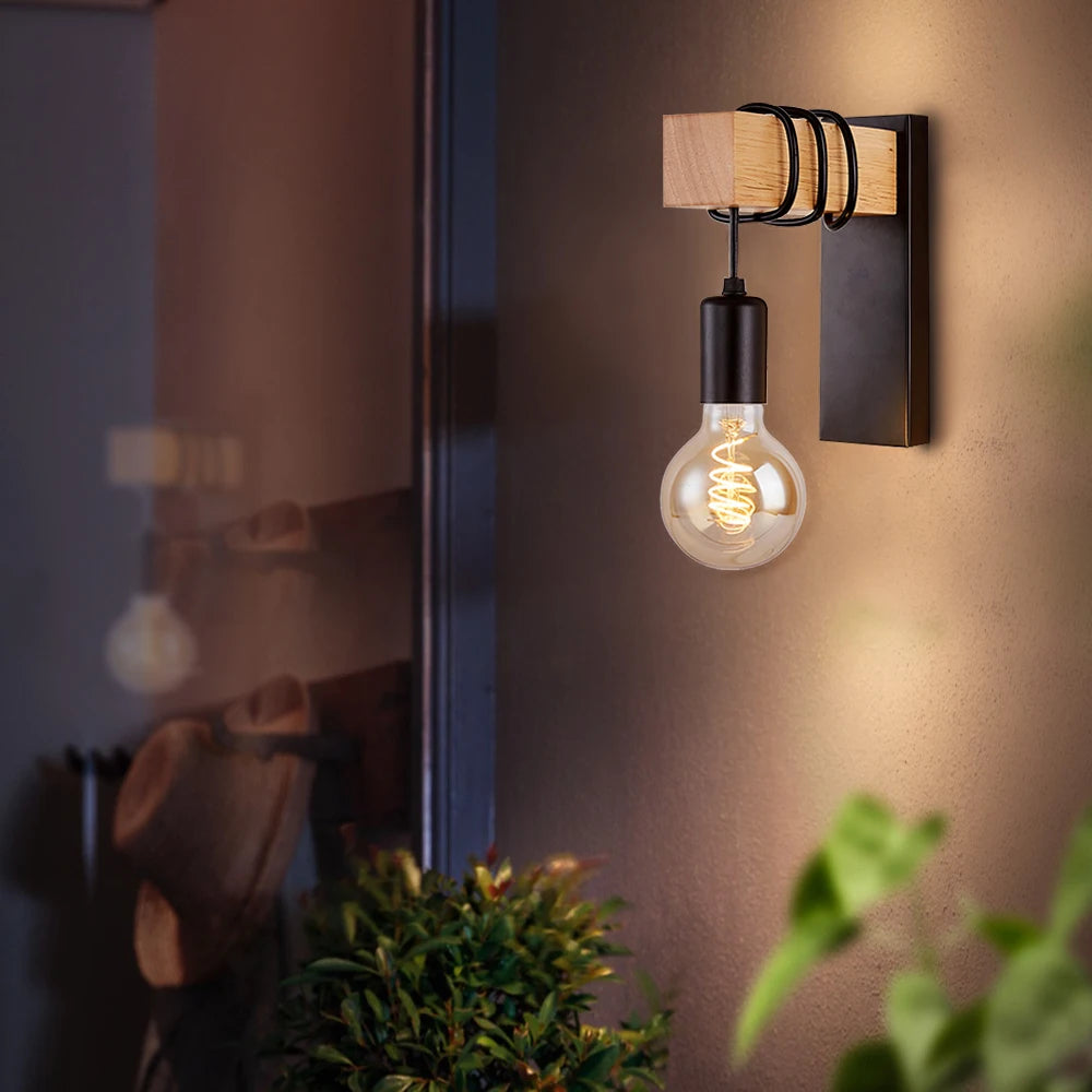 Vintage Industrial Iron & Wood Wall Lamp