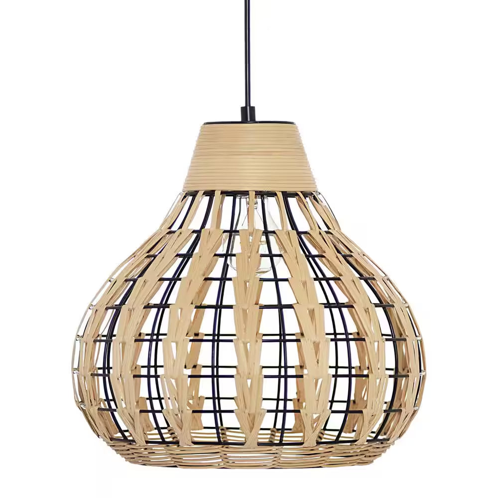 Everett 13 In. 1-Light Black Pendant with Natural Rattan Metal Shade