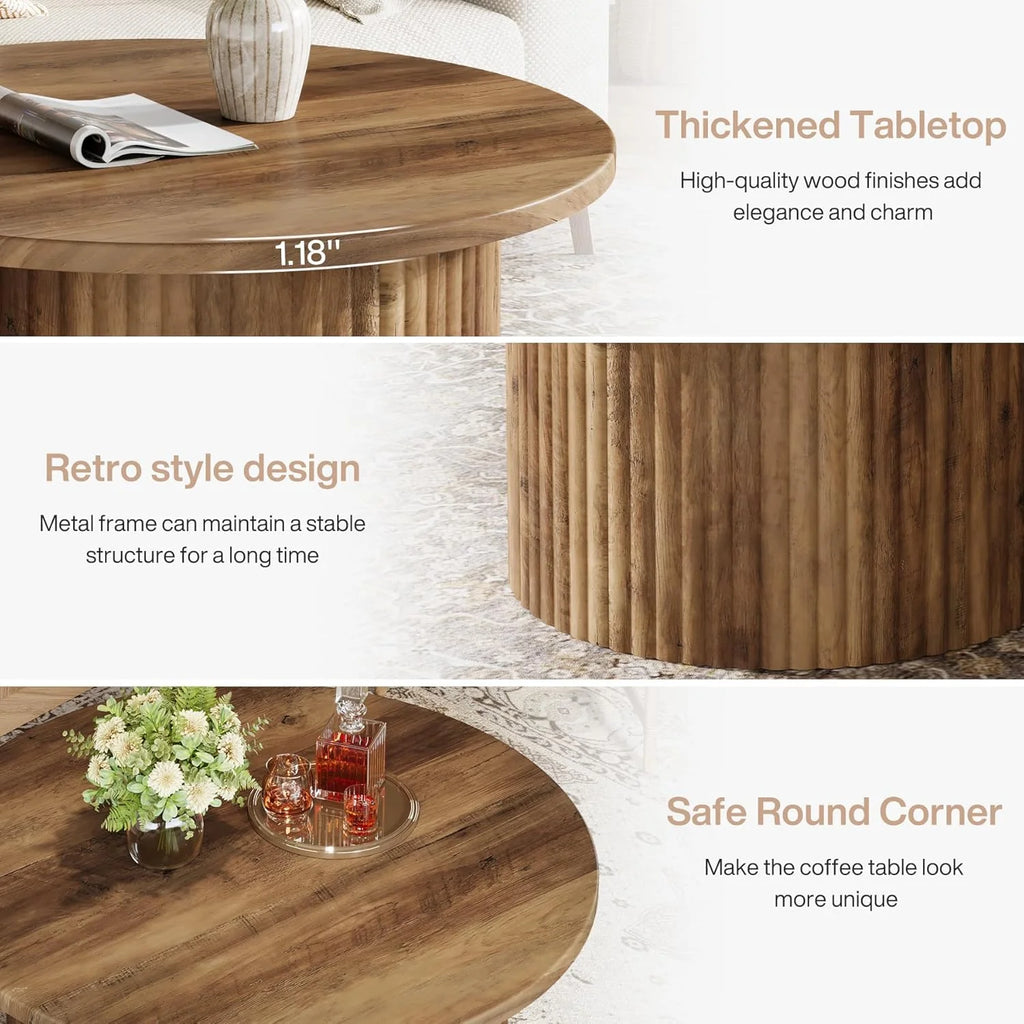 31.5" round Coffee Table, Farmhouse Circle Coffee Table with Metal Base