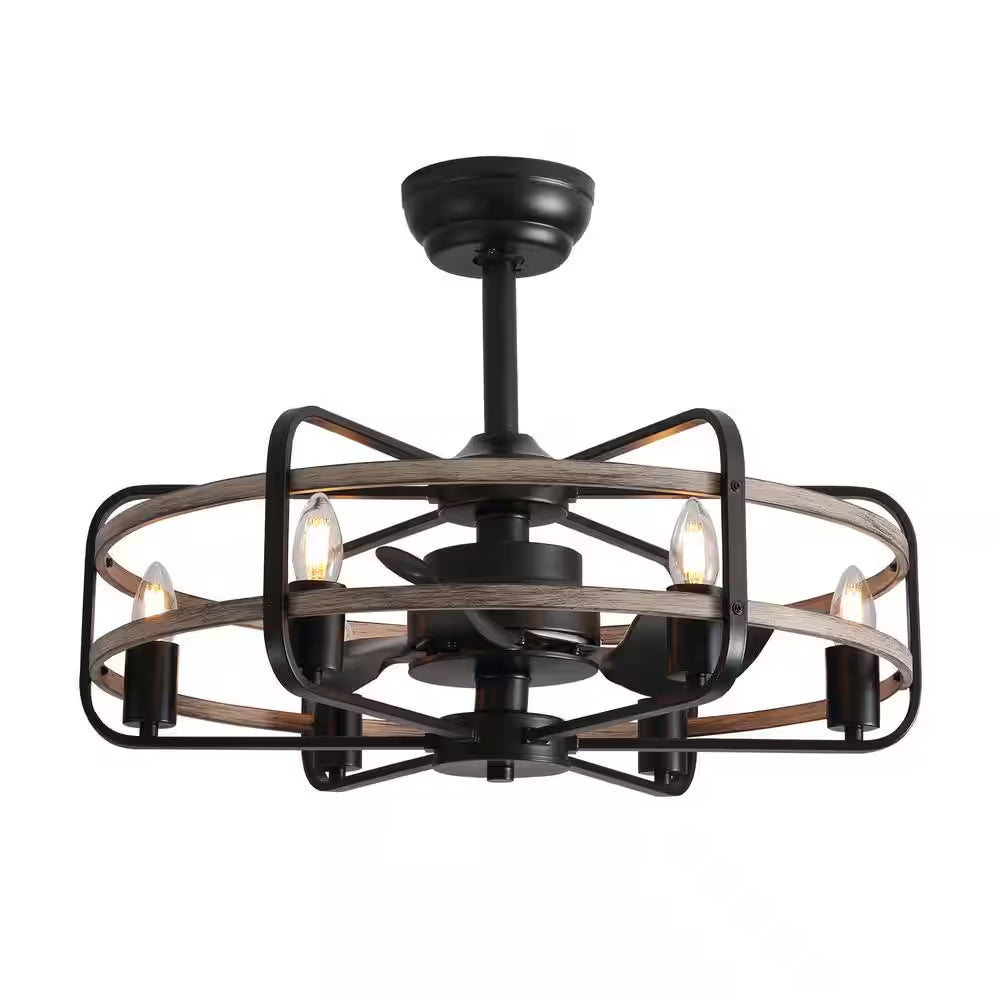 25 In. Black Farmhouse Ceiling Fan Caged Ceiling Fan Indoor with Lights and Remote Wood Grain Industrial Ceiling Fan