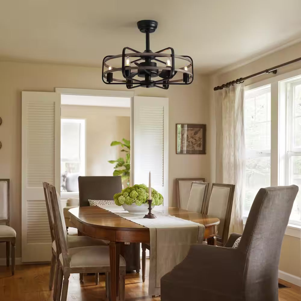 25 In. Black Farmhouse Ceiling Fan Caged Ceiling Fan Indoor with Lights and Remote Wood Grain Industrial Ceiling Fan