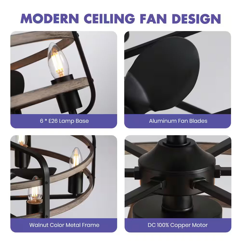 25 In. Black Farmhouse Ceiling Fan Caged Ceiling Fan Indoor with Lights and Remote Wood Grain Industrial Ceiling Fan