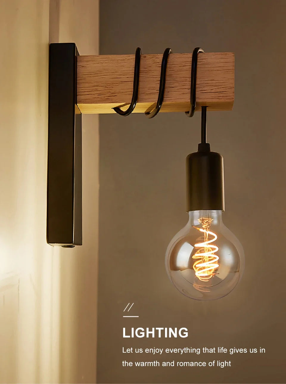 Vintage Industrial Iron & Wood Wall Lamp