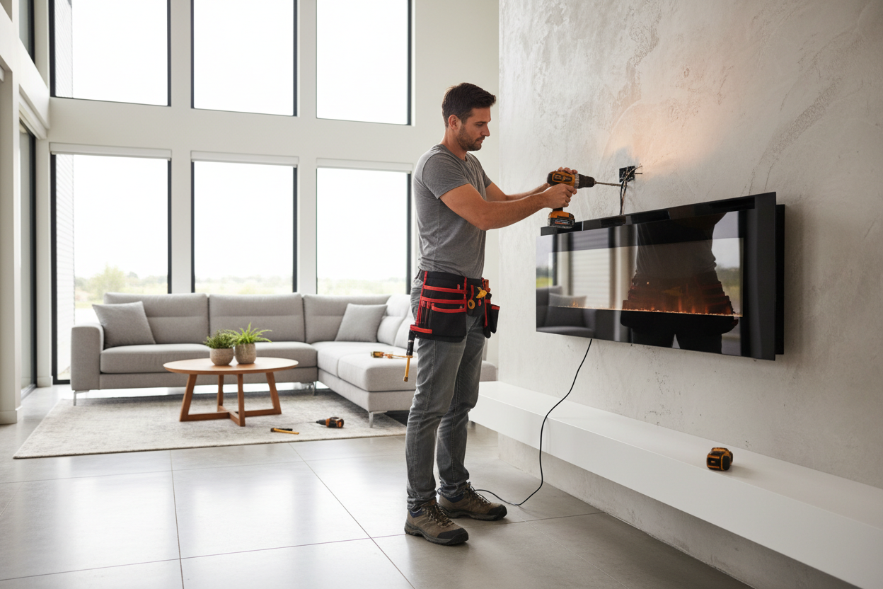 a man installing a electric fireplace