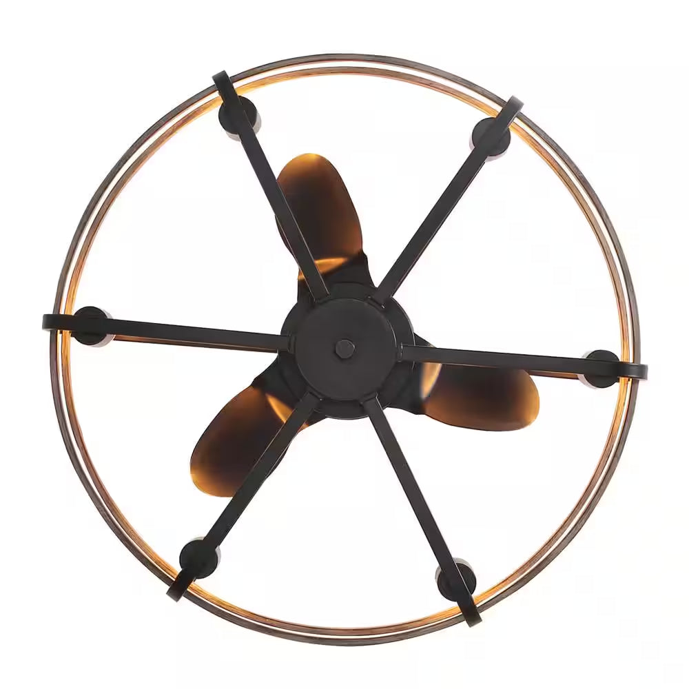 25 In. Black Farmhouse Ceiling Fan Caged Ceiling Fan Indoor with Lights and Remote Wood Grain Industrial Ceiling Fan