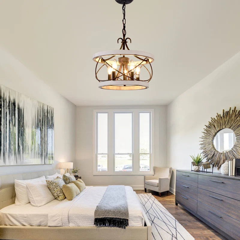  Light Drum Solid Wood Caged Chandelier with Metal Accents