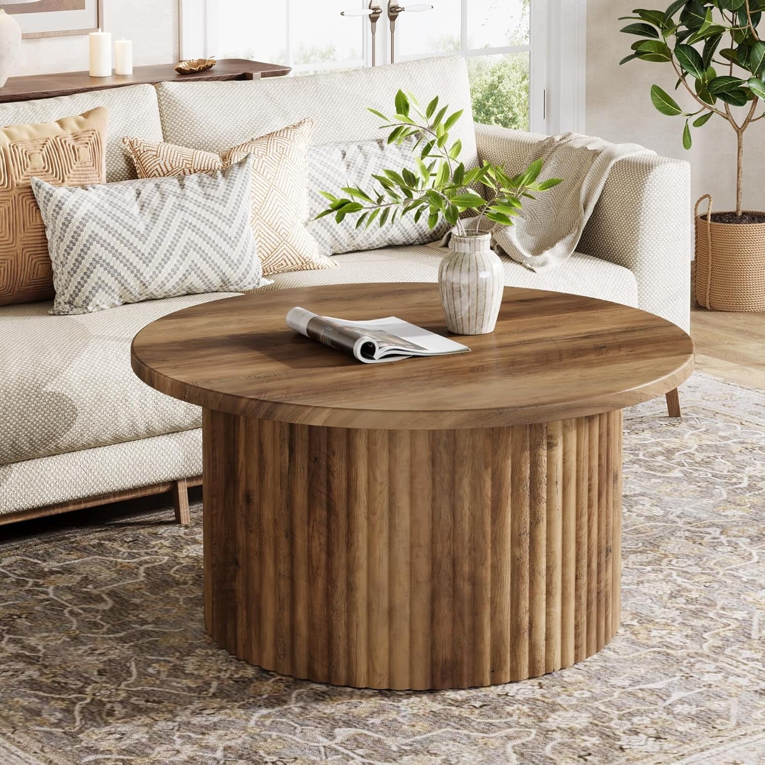 31.5" round Coffee Table, Farmhouse Circle Coffee Table with Metal Base