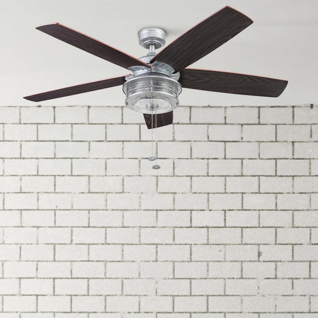 Ceiling Fans Foxhaven Farmhouse 52 Inch Ceiling Fan with Light, Outdoor Fan/Indoor Dual-Mount LED Ceiling Fan, 5 Blades, Ebony and Silver Oak Blade Finish Options, Galvanized (51631-01)