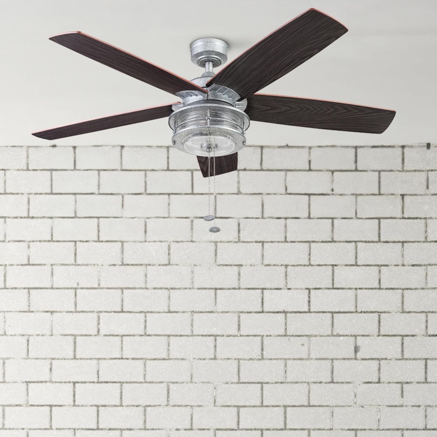 Ceiling Fans Foxhaven Farmhouse 52 Inch Ceiling Fan with Light, Outdoor Fan/Indoor Dual-Mount LED Ceiling Fan, 5 Blades, Ebony and Silver Oak Blade Finish Options, Galvanized (51631-01)