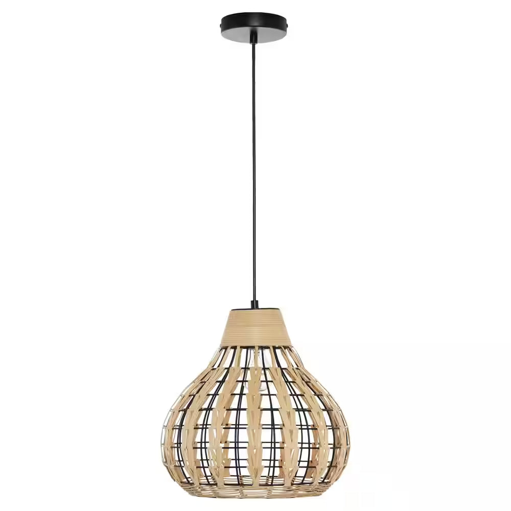 Everett 13 In. 1-Light Black Pendant with Natural Rattan Metal Shade