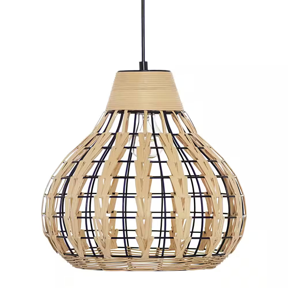 Everett 13 In. 1-Light Black Pendant with Natural Rattan Metal Shade