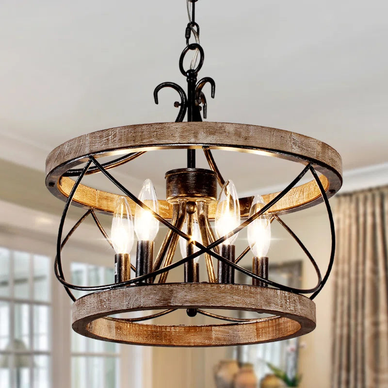  Light Drum Solid Wood Caged Chandelier with Metal Accents