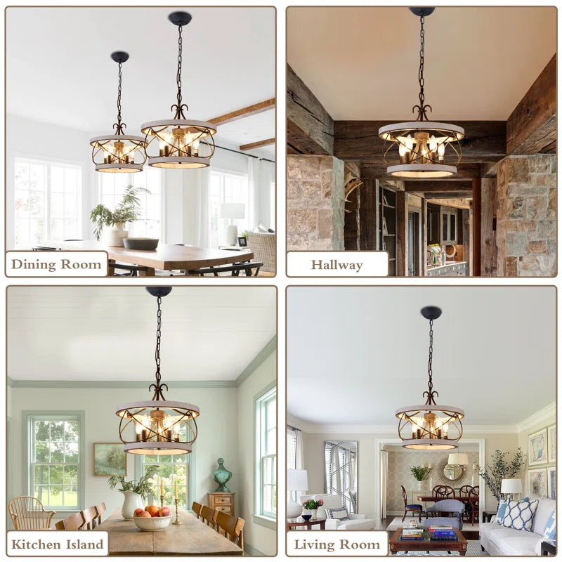 Light Drum Solid Wood Caged Chandelier with Metal Accents