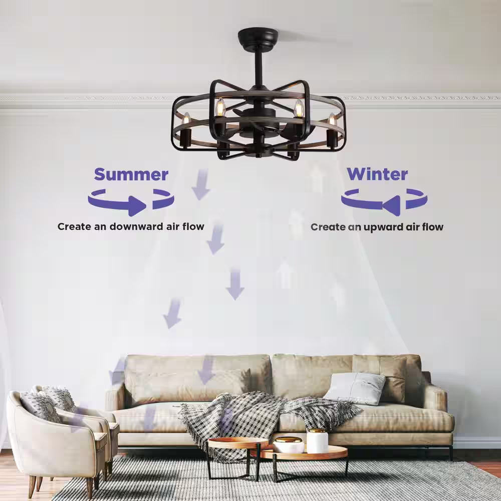 25 In. Black Farmhouse Ceiling Fan Caged Ceiling Fan Indoor with Lights and Remote Wood Grain Industrial Ceiling Fan