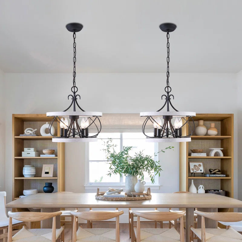  Light Drum Solid Wood Caged Chandelier with Metal Accents