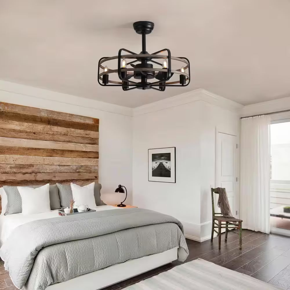 25 In. Black Farmhouse Ceiling Fan Caged Ceiling Fan Indoor with Lights and Remote Wood Grain Industrial Ceiling Fan
